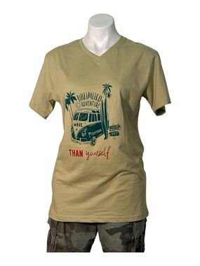 Hoodies Graphic Adventure Van V‑Neck Tee in Light Olive with Teal & Red Print